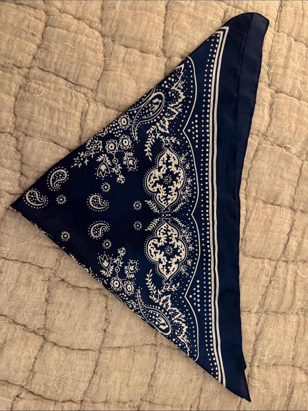 Arie’s Satin Navy Paisley/bandana style looking scarf. Hair wrap. No friz after!